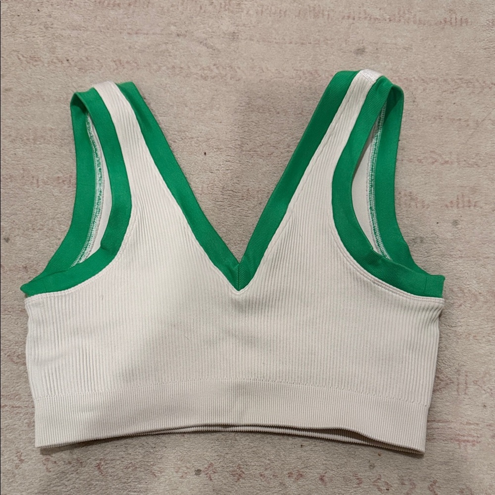 Ribbed V‑Neck Crop Bralette in Green and Cream